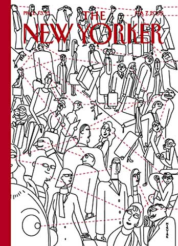 Richard McGuire cover illustration for The New Yorker, February 7, 2005, showing lines of sight between people in a crowd