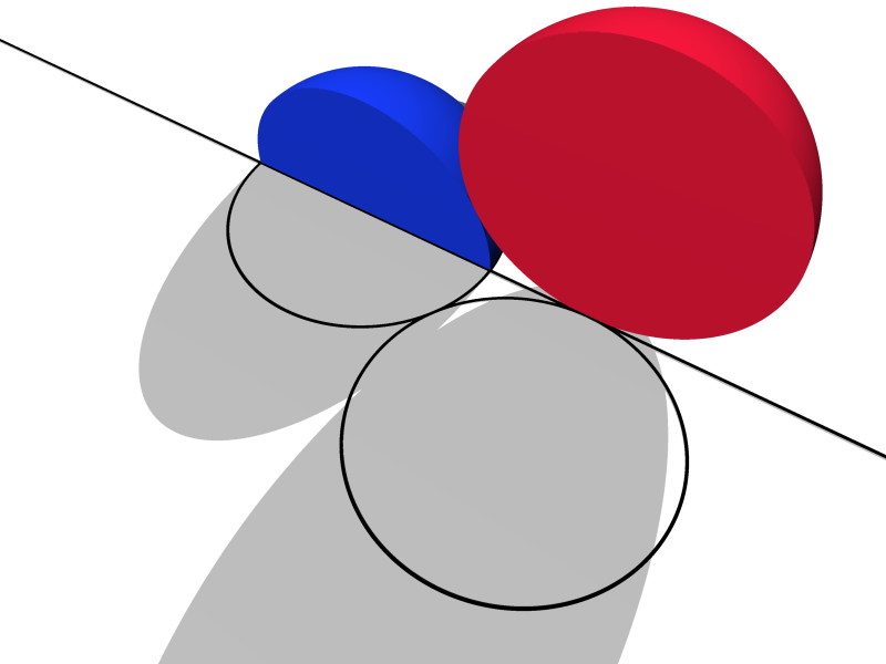 Abstract 3d scene of a blue quarter-sphere and a red hemisphere above a white plane, with their cross-sections projected onto the plane