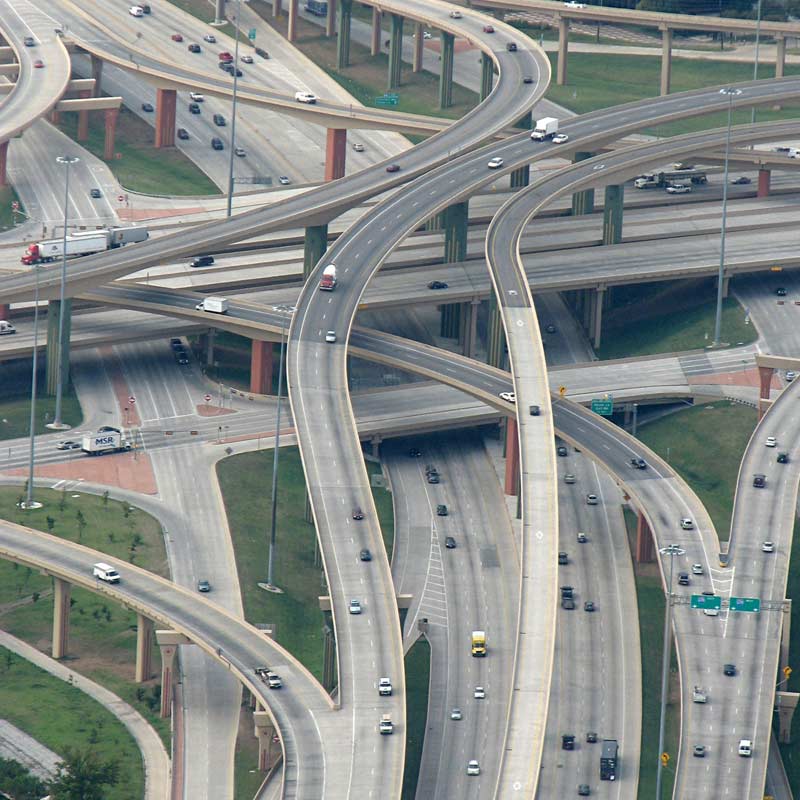 High Five Interchange at the intersection of I-635 and U.S. Route 75 in Dallas, Texas, looking towards the southwest