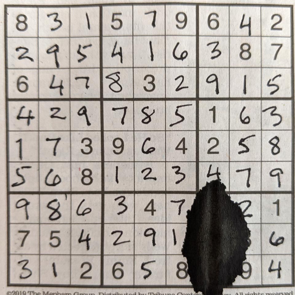 Ink blot on sudoku puzzle