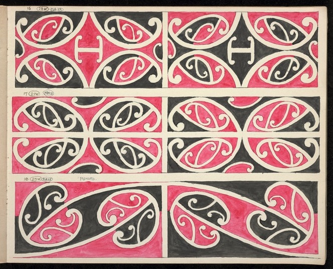 Godber, Albert Percy, 1875-1949. Godber, Albert Percy, 1876-1949. Drawings of Maori rafter patterns or kowhaiwhai. 16. 22W. MA22; 17. 21W. MA21; and, 18. 25W. MA25. Puhoro. [1939-1947]. Ref: E-302-q-1-016/018. Alexander Turnbull Library, Wellington, New Zealand. From https://natlib.govt.nz/records/23146518