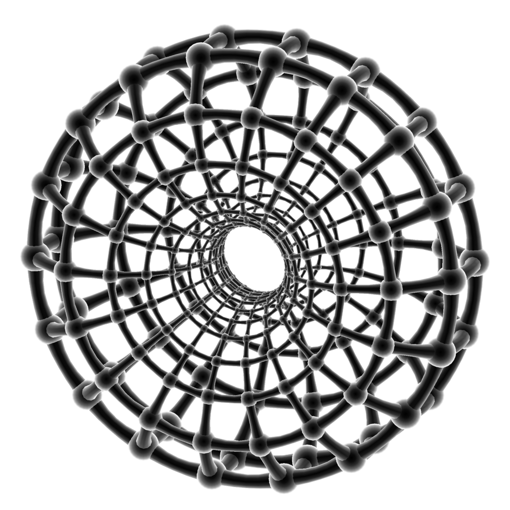 Stereographic projection into 3d of a 4-dimensional polytope, the (18,18)-duoprism, appearing as a torus tiled with squares