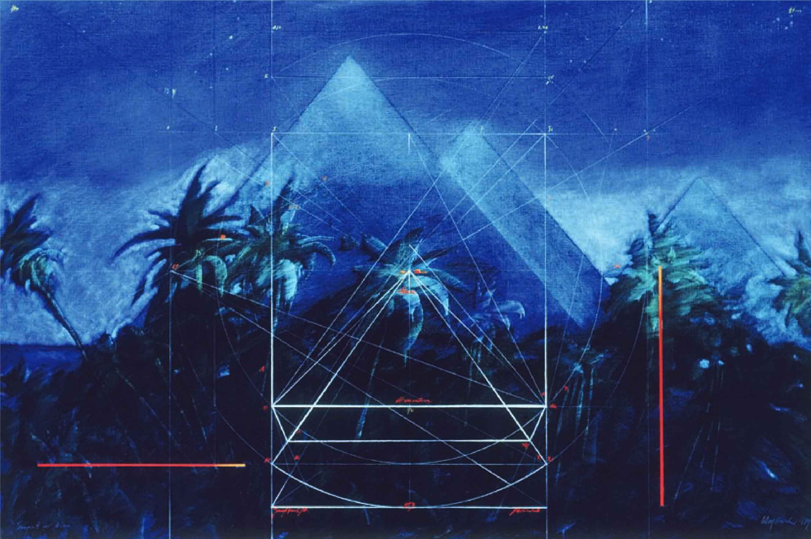 Wulf Barsch, The Template, a painting of the pyramids at Giza at night, overlaid with diagrams suggesting an idealized mathematical pyramid from which they were constructed