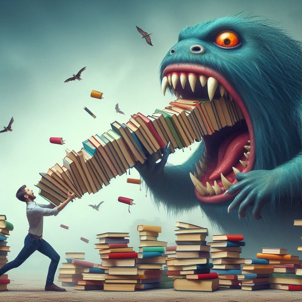 "Feed the beast", AI-generated artwork of a monster being fed stacks of books while vultures circle overhead, from https://mathstodon.xyz/@johncarlosbaez/113221679747517432