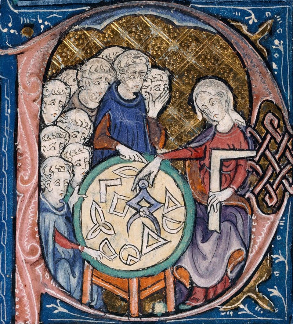 Illuminated manuscript letter P decorated with a scene of a woman teaching geometry
